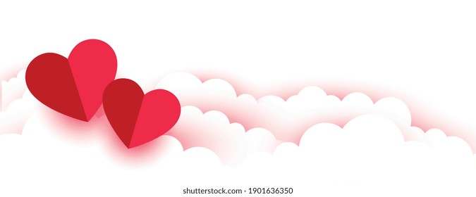 valentines day romantic paper hearts and clouds banner