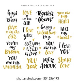 Valentines day romantic phrases collection. Handwritten brush lettering. Modern calligraphy Hugs and Kisses, Love is in the Air, You Rock.