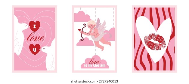 Valentinstag romantische Plakate Set. Romantische Liebesausdrücke, trendiger, verspielter Stil. 14. Februar Grußkartenvorlagen mit dekorativen Herzen und Liebeszitaten. Perfekt für Grußkarten und Ausdrucke