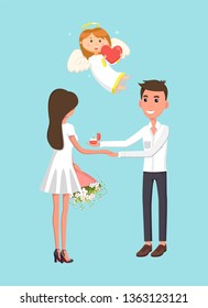 Valentines day, romantic proposal or engagement, cupid angel vector. Guy with ring and girl with bouquet, love and relationship, marriage and family