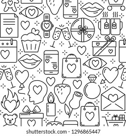Valentines day romantic seamless pattern with icons in line style
