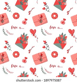 Día de San Valentín romántico patrón sin fisuras con letras a mano, flores, sobre, caja de regalo, ramas, vial de amor. El amor es...  para abrir el Navegador. Fondo de la ilustración del vector en color rosa, verde y blanco
