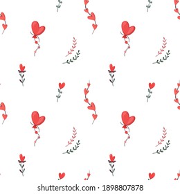 Valentine's Day romantic seamless pattern with flowers, twigs, balloon, hearts. Vector illustration background in pink, green and white color