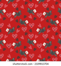 Día de San Valentín romántico patrón sin fisuras con corazones, cúpidos, cristales, quequitos.