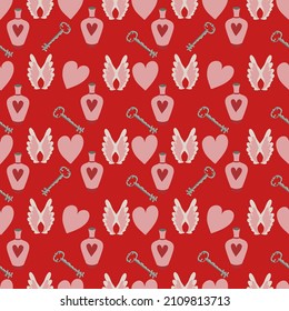 Valentines Day romantic seamless pattern with hearts, cupids, crystals, cupcakes.