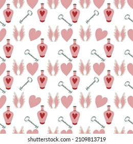 Valentines Day romantic seamless pattern with hearts, cupids, crystals, cupcakes.