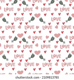 Valentines Day romantic seamless pattern with hearts, cupids, crystals, cupcakes.