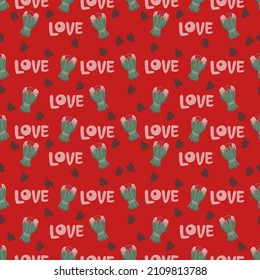 Valentines Day romantic seamless pattern with hearts, cupids, crystals, cupcakes.