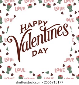 Valentines Day romantic seamless pattern with lettering Happy Valentine's Day.