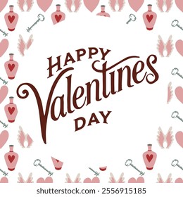 Valentines Day romantic seamless pattern with lettering Happy Valentine's Day.