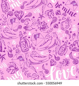 Valentine's Day Romantic seamless pattern with lettering and hand drawn love elements.