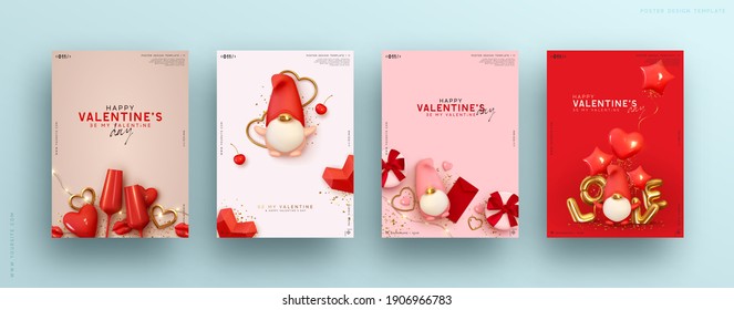 Valentines day. Romantic set vector backgrounds. Festive gift card templates with realistic 3d design elements. Holiday banners, web poster, flyers and brochures, greeting cards, group bright covers