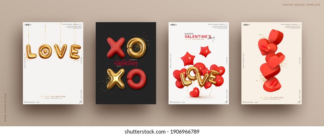 Valentines day. Romantic set vector backgrounds. Festive gift card templates with realistic 3d design elements. Holiday banners, web poster, flyers and brochures, greeting cards, group bright covers