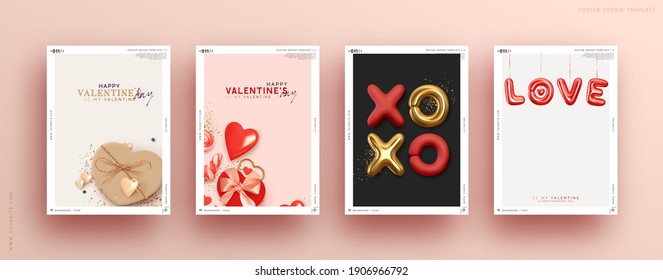 Valentines day. Romantic set vector backgrounds. Festive gift card templates with realistic 3d design elements. Holiday banners, web poster, flyers and brochures, greeting cards, group bright covers