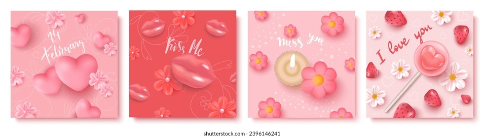 valentine's day. A romantic set of vector backgrounds. Holiday gift card templates with realistic 3d design elements. Holiday banners, web posters, flyers and brochures, greeting cards