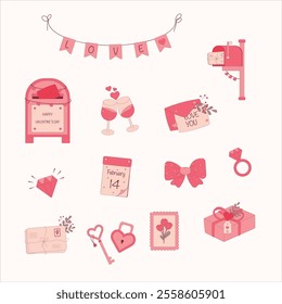 Valentine's Day romantic sticker set in flat style. Includes hearts, gifts, letters, champagne glasses, and love symbols. Perfect for greeting cards, decorations, and holiday projects.