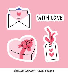 Valentine's day romantic stickers collection. A set of vector icons for an anniversary. A love letter, a box of chocolate candies, a gift tag, and a handwritten quote "with love". 