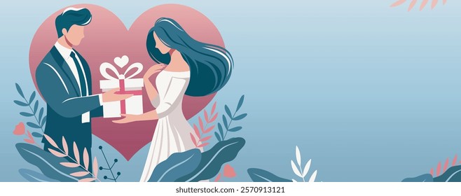 Valentine's Day. Romantic vector illustration in pastel colors. Man in suit giving a gift to woman in white dress on heart background. Ideal for wedding invitations, poster, web banner, e-card