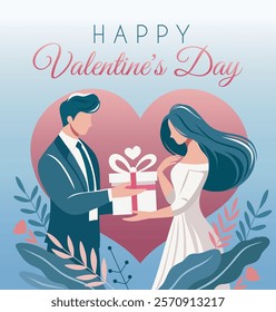 Valentine's Day. Romantic vector illustration in pastel colors. A man in a suit gives a gift to a woman in a white dress against the background of a heart. Ideal for a poster, web banner, e-card