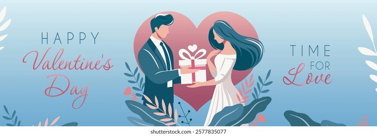 Valentine's Day. Romantic vector illustration in pastel colors. Man in suit giving a gift to woman in white dress on heart background. Horizontal template design for poster, web banner, e-card 