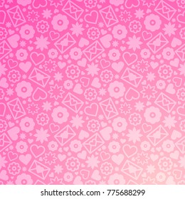 Valentines Day romantic vector illustration with many objects on gradient background, hearts, flowers and love letters