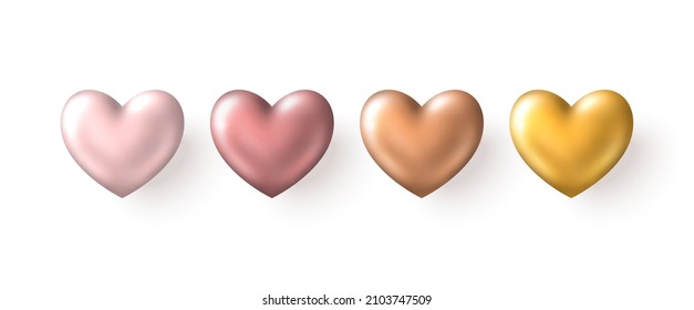 Valentine's day rose gold heart set isolated on white background. Vector illustration. 3d pastel golden love symbol. Valentin holiday icon, concept header pattern, glossy balloon, copper bronze color