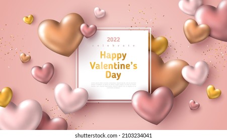 Valentines day rose gold poster wth square frame. Vector illustration. 3d pastel golden hearts with place for text message. Love sale banner, voucher or greeting card. Valentin holiday concept header