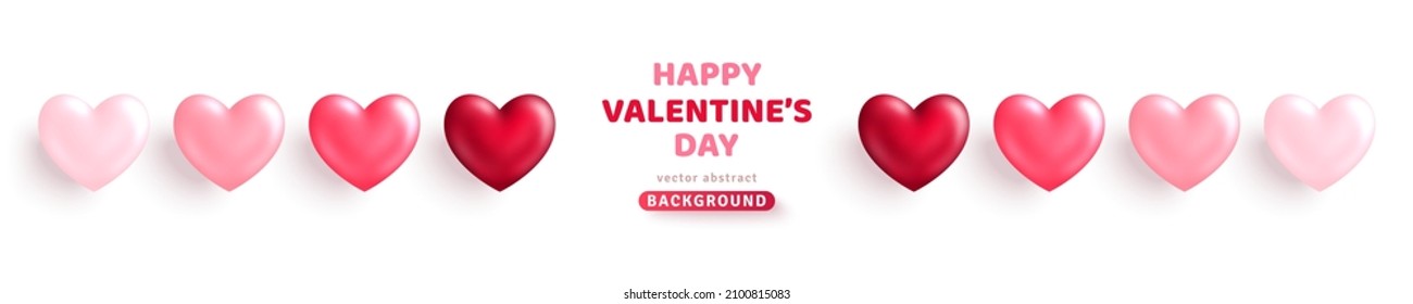 Valentine's day rose pink and red gradient hearts set isolated on white background. Vector illustration. 3d pastel love symbols. Valentin holiday icons, concept header pattern, glossy balloons banner