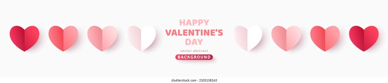 El día de San Valentín se levantaron corazones rosados y gradientes rojos aislados en un fondo blanco. Ilustración vectorial. Símbolo de amor de origami de papel pastel. Iconos de valoración, patrón de encabezado de concepto, lugar para texto