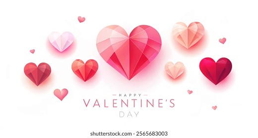 Valentine's day rose pink and red gradient hearts set. Paper origami pastel love symbol. Valentin icons, concept header pattern, place for text Valentine's Day vector illustration with white backgroun