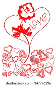 Valentine's Day. Rose. Set of decorative hearts. Drawn by hand. 