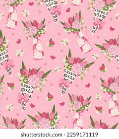 Valentines day rose and tulip flower seamless pattern. Happy Women's Day March 8 background. Spring holiday vector trendy illustration bouquet of flowers