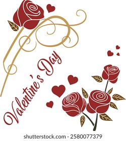 Valentine's Day roses with cursive text. Elegant Valentine's Day invitation card with red roses, golden heart accents, and soft cursive font on a white background. Romantic digital illustration