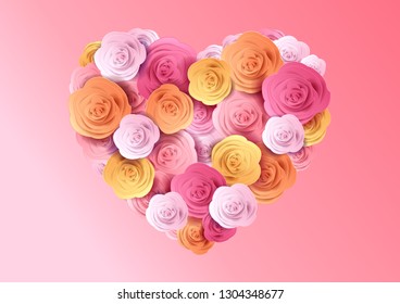 Valentine's Day, Roses Heart on Pink Background, Paper Cut, Vector Illustration.