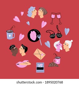 Concepto de la ronda del Día de San Valentín. Luminoso vector conjunto de elementos para la decoración del Día de San Valentín al estilo de las caricaturas. Parejas de diferentes géneros, edades, razas y orientaciones, romántico, vinícola. Amantes.