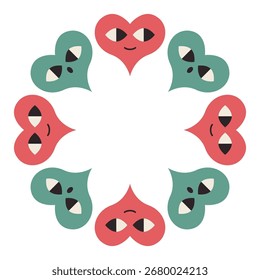 Valentine's day round frame with cute hearts. Hearts with eyes. Ideal for holiday design, greeting card