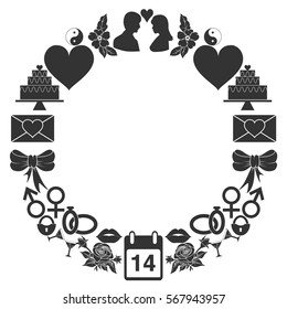 Valentines Day round frame of the icons. Set of monochrome signs in a ring shape. Vector illustration