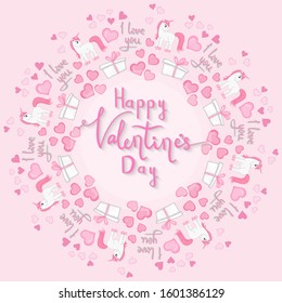 Valentine's Day round frame with unicorns. Cartoon style. Vector illustration