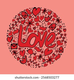 Valentine's Day round set: love, bird, hearts, flowers, envelope, cloud, balloon. Red and pink. Suitable for stickers, party invitations, greeting cards, posters