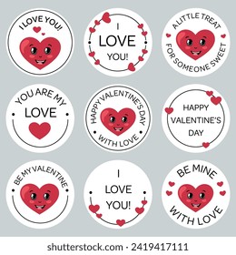 Valentine's Day round sticker set, Happy Valentine Day labels with hearts, I love you romantic quotes. A little treat for someone sweet. Ba my Valentine. For girt packaging, treats, cards, gift tag.