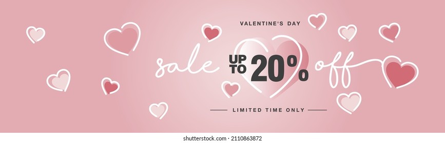 Valentine's Day Sale up to 20 % off handwritten typography lettering line design with many sweet pink hearts Promotion shopping template for Love and Valentine's Day concept