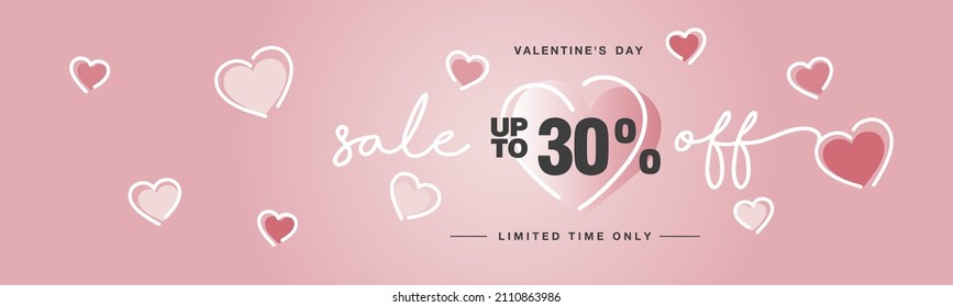Valentine's Day Sale up to 30 % off handwritten typography lettering line design with many sweet pink hearts Promotion shopping template for Love and Valentine's Day concept