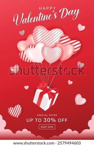 Valentine's Day sale 30% off on red background. Romantic composition with flying hearts shape balloon and gift box. Vector illustration for website, posters, ads, coupons, promotional material.