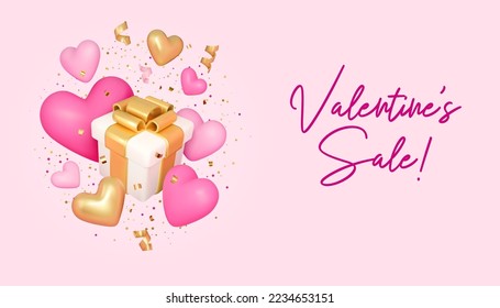 Valentine's Day sale 3d banner template. Vector pink illustration with gift box, hearts and sparkling golden confetti flying. Render holiday design, shopping concept