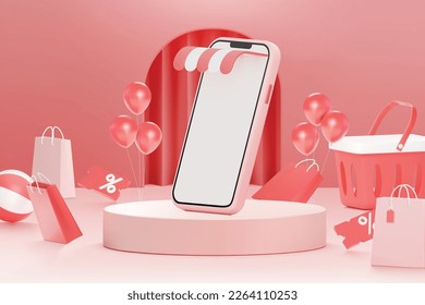 Valentine's day sale 3d podium with smartphone shopping bag balloon ball and shopping basket.