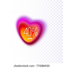 Valentines day sale. 40% OFF Discount price tag. Colorful sale sticker isolated on white transparent background. Vector Illustration. Blended gradient heart shape. Commerce ad sign. Modern design
