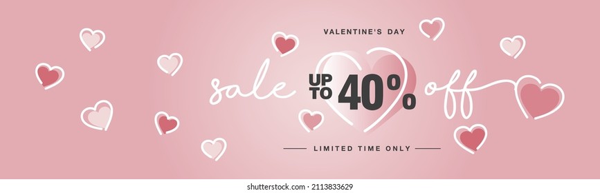 Valentine's Day Sale up to 40 percent off handwritten typography lettering line design with many sweet pink hearts Promotion shopping template for Love and Valentine's Day concept svg