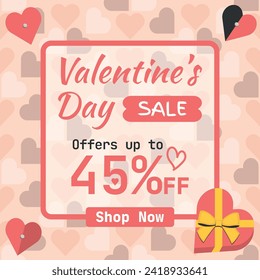 Valentine's Day Sale, up to 45% off. Logo and Number Discount on Pink Hearts Background. Shop Now.