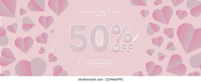 Valentine's Day Sale 50% Banner on pink canvas background and paper cut out hearts. Shop Now CTA button. Vector Illustration. EPS 10