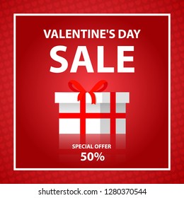 Valentine's Day sale 50% discount offer composition with gift box.Horizontal banner template shopping market.Background with pink hearts a vector.